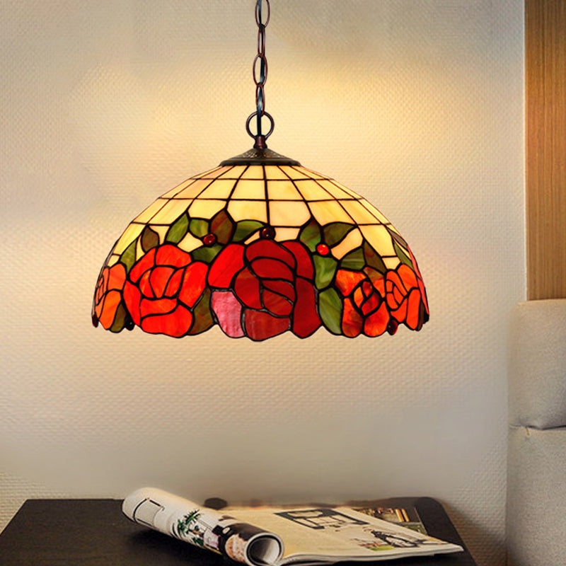 Tiffany Bronze Kitchen Chandelier With Red Cut Glass Shade - 2-Light Hanging Lamp Fixture