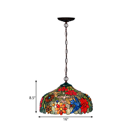 Colorful Petal Glass Chandelier Light Fixture - 3-Light Bronze Suspension Lighting For Dining Room