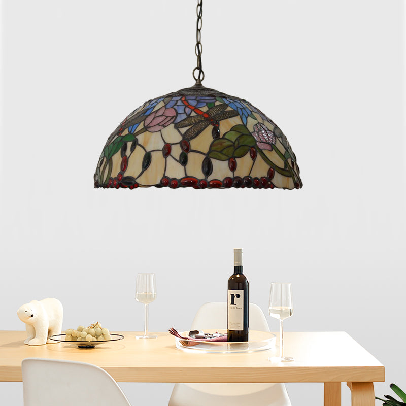 Victorian Bronze Dragonfly Chandelier With Stained Glass Pendant Lights