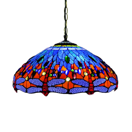 Tiffany Dragonfly Chandelier With 3 Lights: Orange/Blue/Green Cut Glass Hanging Lamp Kit For Kitchen