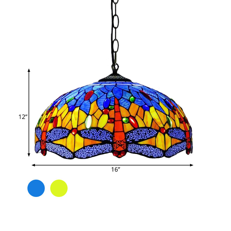 Dragonfly Chandelier Pendant - Mediterranean Blue/Green Stained Glass Kitchen Lighting 1/2 Lights