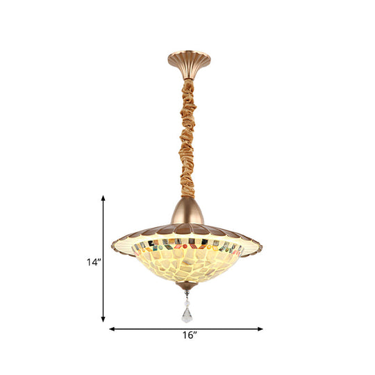 Mediterranean Led Bowl Chandelier - White Cut Glass Suspension Pendant With Crystal Droplet