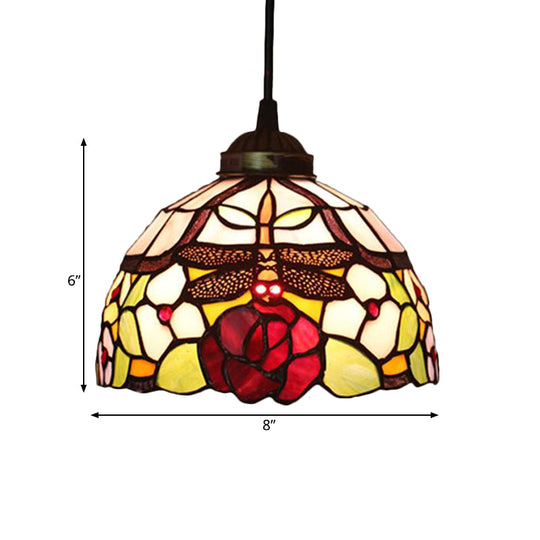 Tiffany Style Blossom Pendant Light Fixture Red/Pink/Green Cut Glass Bronze Down Lighting For