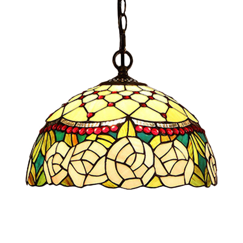 Mediterranean Bronze Kitchen Chandelier Pendant Light With Red/Yellow Cut Glass Shade - 12/16 W