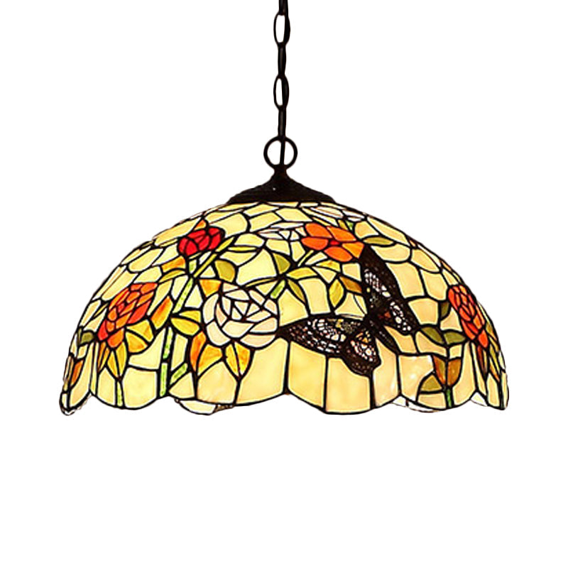 Mediterranean Bronze Kitchen Chandelier Pendant Light With Red/Yellow Cut Glass Shade - 12/16 W Red