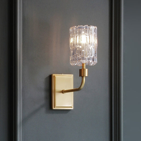 Minimalist Cylindrical Metal Sconce Light - Clear/Amber Crystal Wall Mount Lighting For Living Room