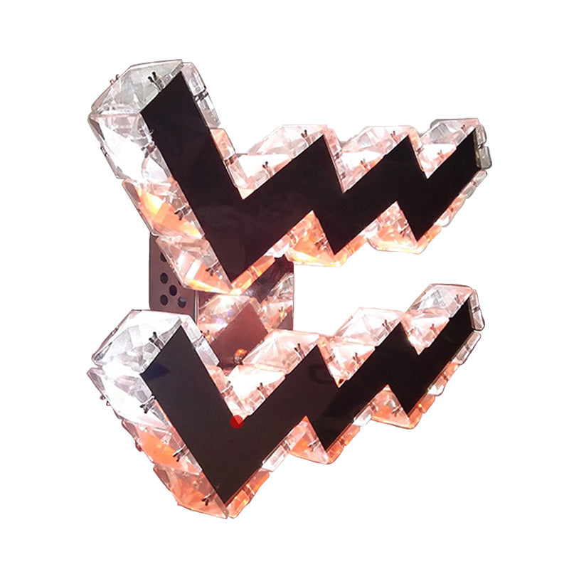 Modern Led Wall Lamp With Curvy Nickel Finish Beveled Crystal Prism Sconce Light Fixture -