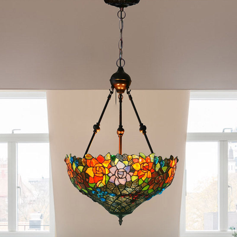 Mediterranean Floral Stained Art Glass Chandelier Pendant Light With 3 Hanging Lamps In