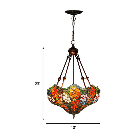 Mediterranean Floral Stained Art Glass Chandelier Pendant Light With 3 Hanging Lamps In