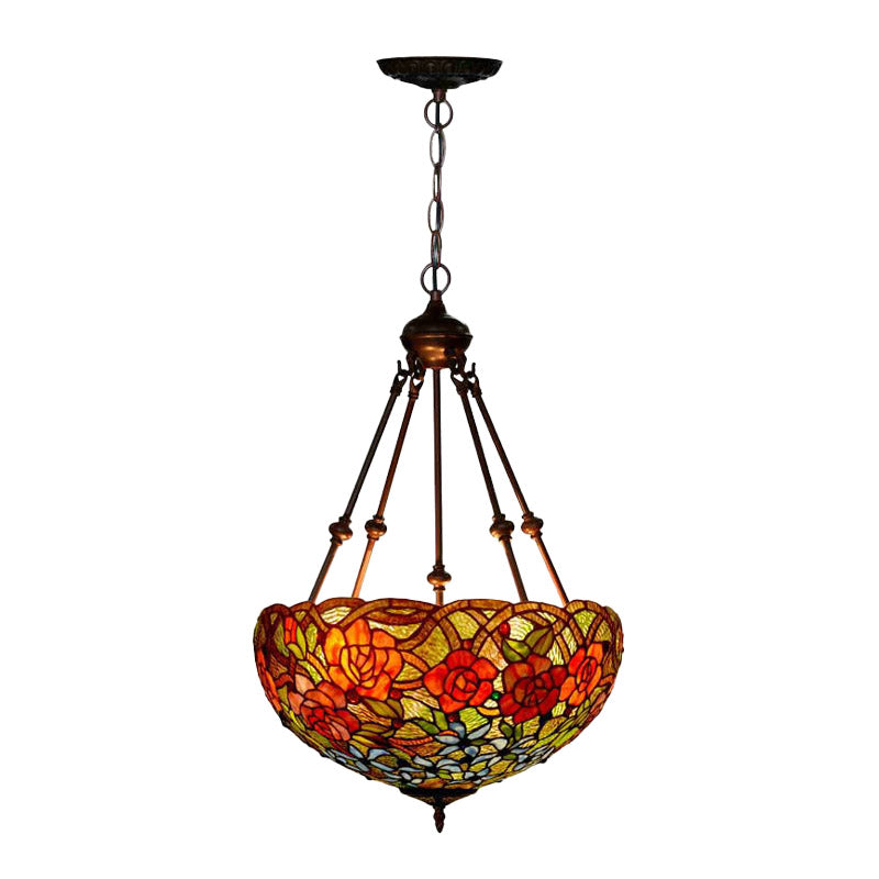 Mediterranean Floral Stained Art Glass Chandelier Pendant Light With 3 Hanging Lamps In