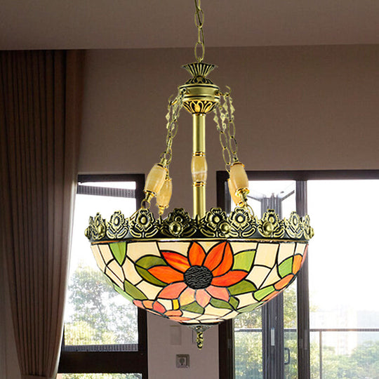 Sunflower/Rose Chandelier Pendant Light Kit - Stained Art Glass 3/4 Lights Red/Green Bedroom