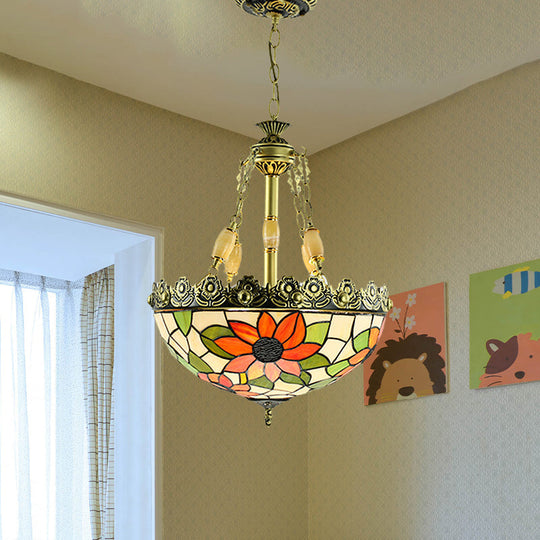 Sunflower/Rose Chandelier Pendant Light Kit - Stained Art Glass 3/4 Lights Red/Green Bedroom
