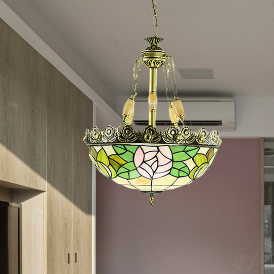 Sunflower/Rose Chandelier Pendant Light Kit - Stained Art Glass 3/4 Lights Red/Green Bedroom