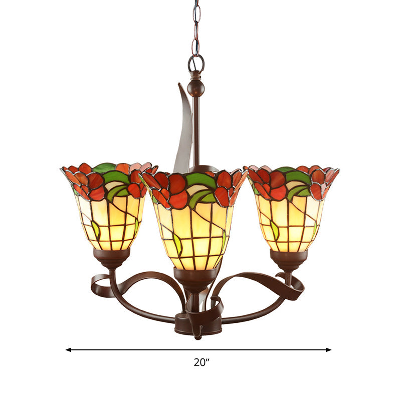 Red Glass Chandelier Pendant Light - Kitchen Ceiling Lamp With Blossom Design (3/5 Lights)