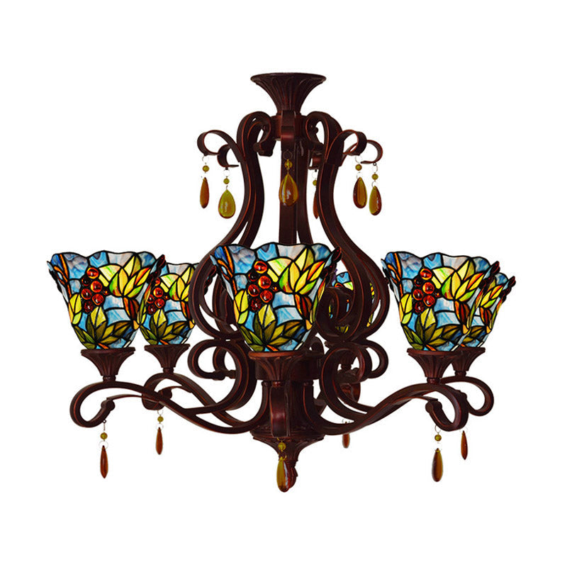 Victorian 6-Light Bedroom Ceiling Chandelier With Floral Stained Glass Shades In Red Pink And Blue