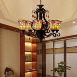 Victorian Bedroom Ceiling Chandelier With 6 Lights And Floral Stained Glass Shade In Red/Pink/Blue