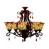 Victorian Bedroom Ceiling Chandelier With 6 Lights And Floral Stained Glass Shade In Red/Pink/Blue