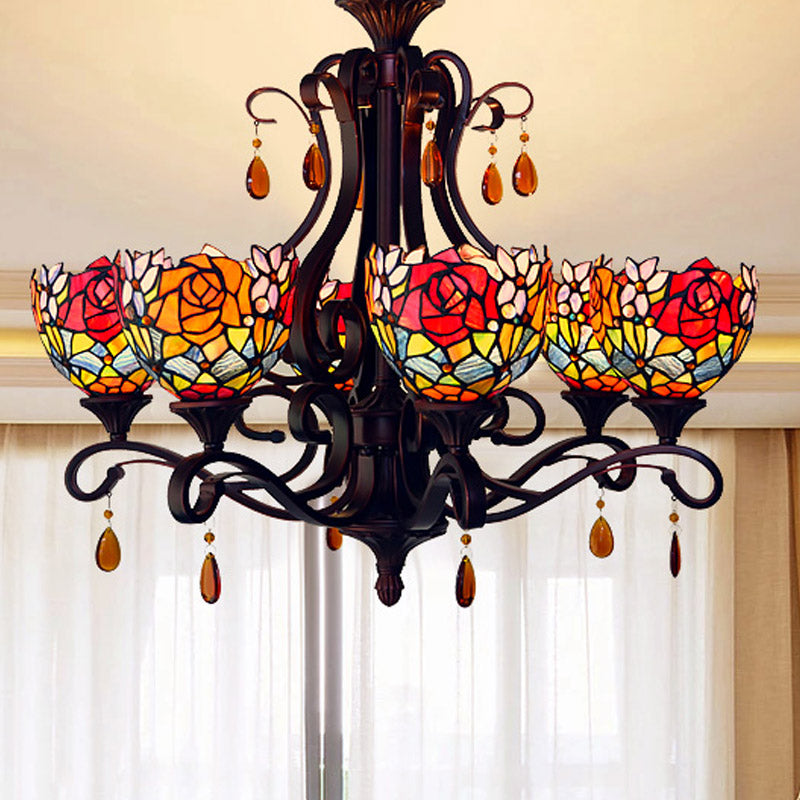 Mediterranean Stained Glass Chandelier - 6-Lights Red/Yellow/Blue Pendant With Crystal Droplet