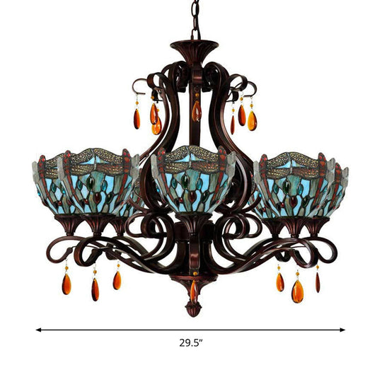 Mediterranean Stained Glass Chandelier - 6-Lights Red/Yellow/Blue Pendant With Crystal Droplet