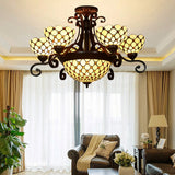 Tiffany Style Domed Stained Glass Chandelier With 9 Lights White/Red/Beige Suspension Lighting For
