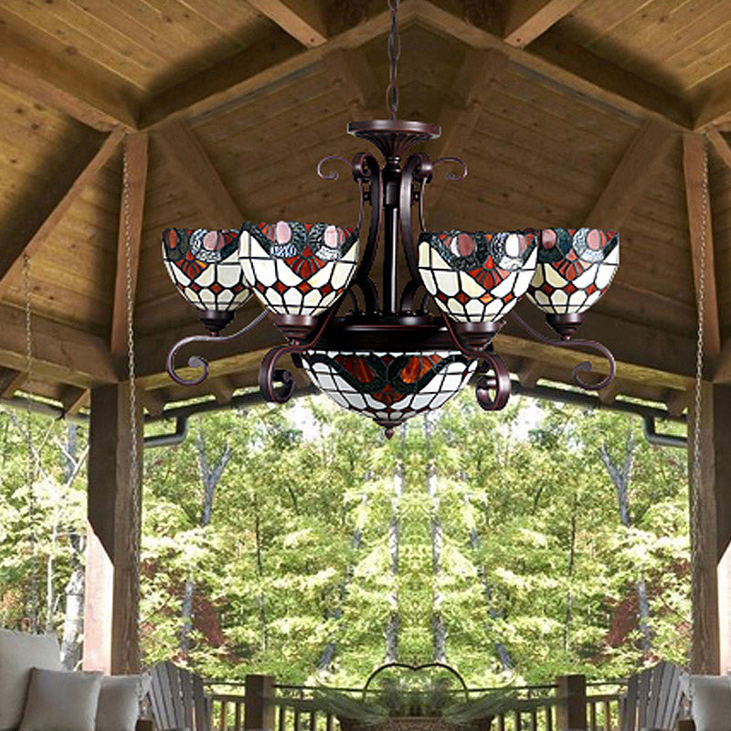 Stained Glass Chandelier Light Tiffany - Domed Design 9 Lights White/Red/Beige Ideal For Living