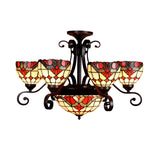 Tiffany Style Domed Stained Glass Chandelier With 9 Lights White/Red/Beige Suspension Lighting For