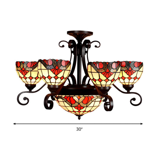 Stained Glass Chandelier Light Tiffany - Domed Design 9 Lights White/Red/Beige Ideal For Living