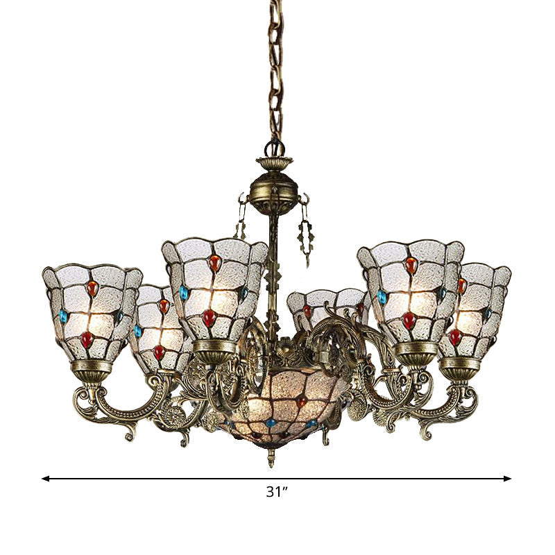 Tiffany Style Arm Chandelier With Frosted Glass Shades - 9/12 Lights Bronze Pendant Lamp For Living