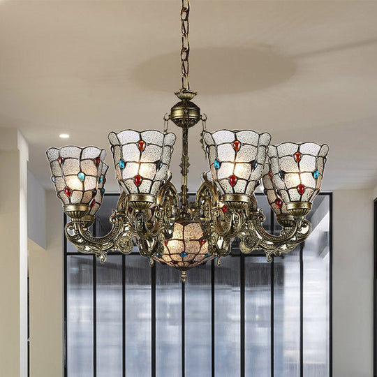 Tiffany Style Arm Chandelier With Frosted Glass Shades - 9/12 Lights Bronze Pendant Lamp For Living