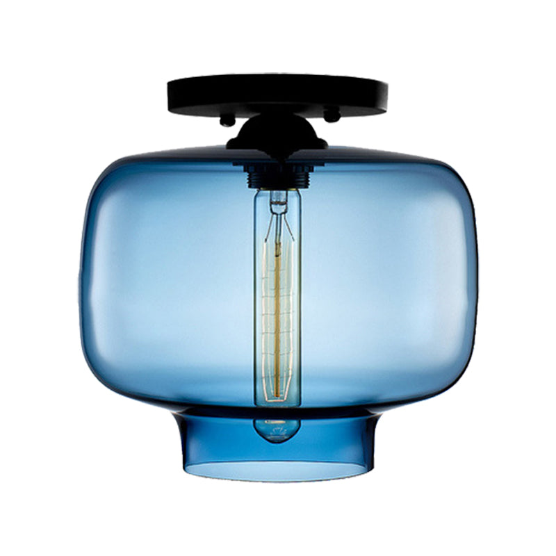 Modern Multi - Colored Lantern Flushmount Light With Glass Shade - Black Finish