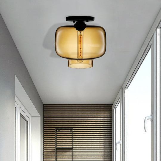 Modern Multi - Colored Lantern Flushmount Light With Glass Shade - Black Finish Amber