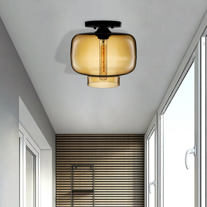 Modern Multi-Colored Lantern Flushmount Light With Glass Shade - Black Finish Amber