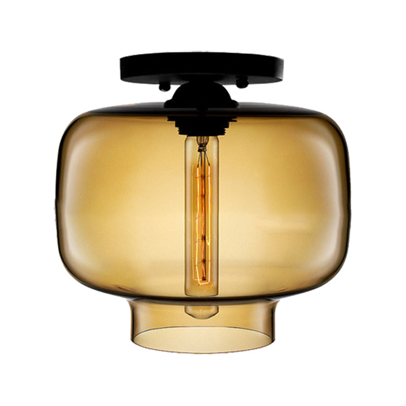 Modern Multi - Colored Lantern Flushmount Light With Glass Shade - Black Finish