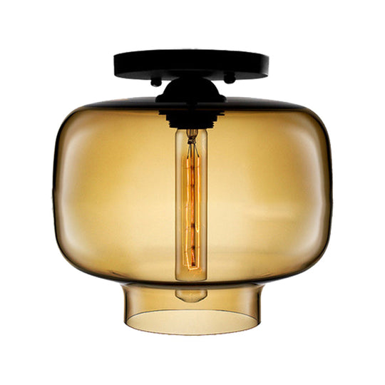 Modern Multi - Colored Lantern Flushmount Light With Glass Shade - Black Finish