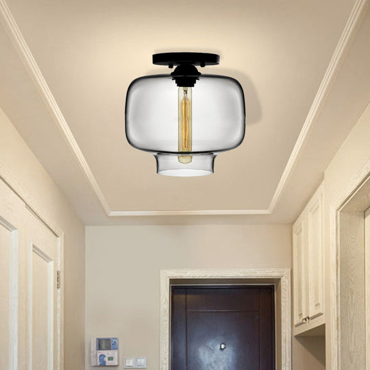 Modern Multi-Colored Lantern Flushmount Light With Glass Shade - Black Finish Smoke Gray