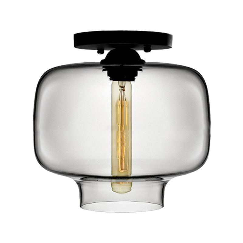 Modern Multi - Colored Lantern Flushmount Light With Glass Shade - Black Finish