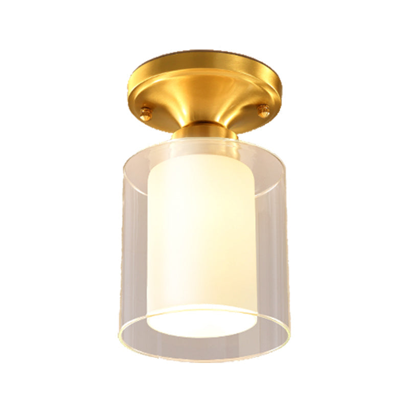 Gold Finish Cylindrical Semi Flush Ceiling Light - Glass Shade Simple 1 - Bulb Semi - Flush Mount