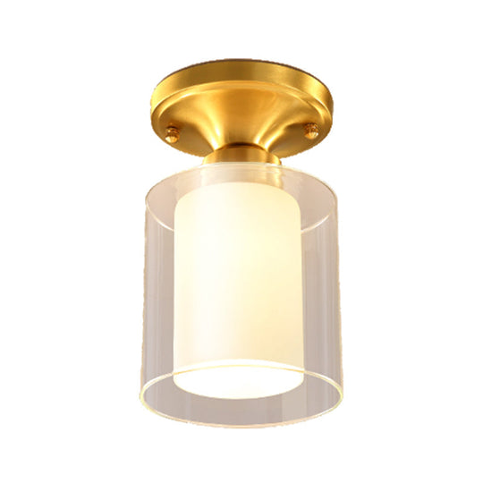 Gold Finish Cylindrical Semi Flush Ceiling Light - Glass Shade Simple 1 - Bulb Semi - Flush Mount