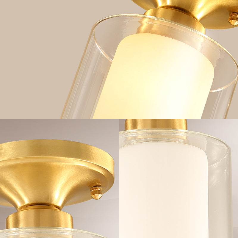 Gold Finish Cylindrical Semi Flush Ceiling Light - Glass Shade Simple 1 - Bulb Semi - Flush Mount