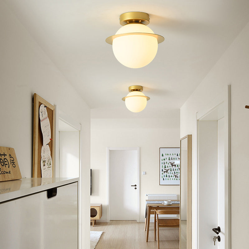 Nordic 1-Bulb Flush Mount Ceiling Light In Gold Finish With White Glass Globe