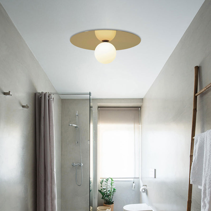 Contemporary 12 Flushmount Ceiling Lamp With Brass Finish Milk Glass Shade & 1 Bulb