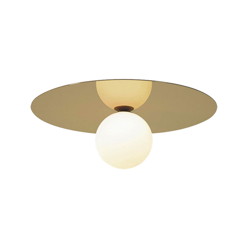 Contemporary 12 Flushmount Ceiling Lamp With Brass Finish Milk Glass Shade & 1 Bulb