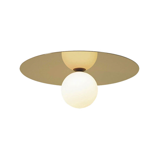 Contemporary 12 Flushmount Ceiling Lamp With Brass Finish Milk Glass Shade & 1 Bulb