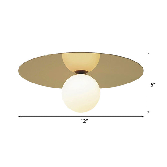 Contemporary 12 Flushmount Ceiling Lamp With Brass Finish Milk Glass Shade & 1 Bulb