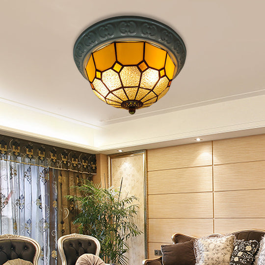 Colorful Grid Pattern Flush Mount Ceiling Light For Hallway - 2 Lights With Tiffany Style Cut Glass