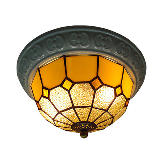 Colorful Grid Pattern Flush Mount Ceiling Light For Hallway - 2 Lights With Tiffany Style Cut Glass