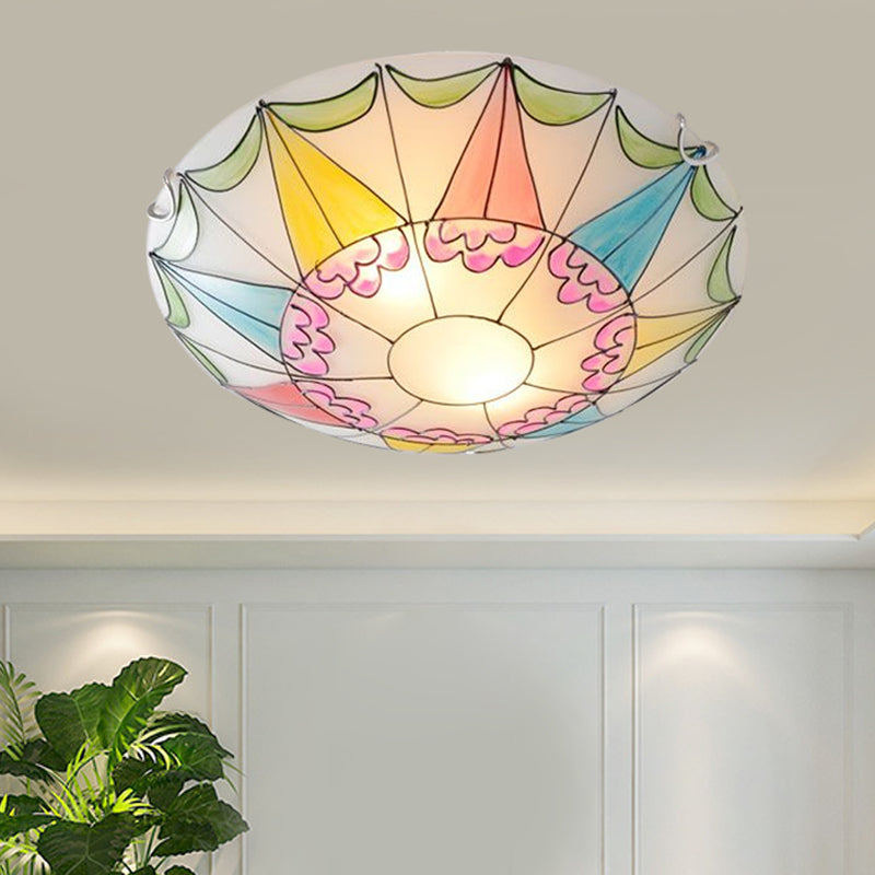 Mediterranean Pink Stained Glass Domed Flush Light Fixture - 3/4 Lights Ceiling Lighting For Bedroom