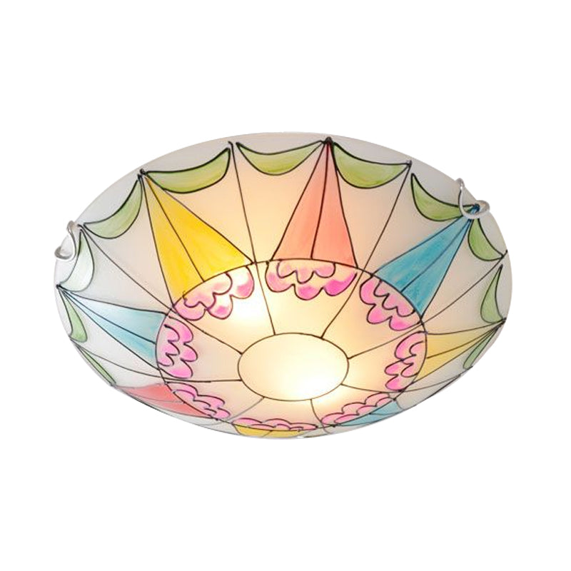 Mediterranean Pink Stained Glass Domed Flush Light Fixture - 3/4 Lights Ceiling Lighting For Bedroom