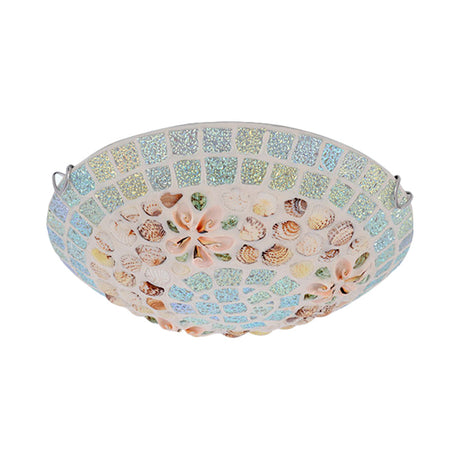 Tiffany - Style Led Flush Mount Lamp With Beige Shell Bowl Shade - Bedroom Ceiling Light Fixture