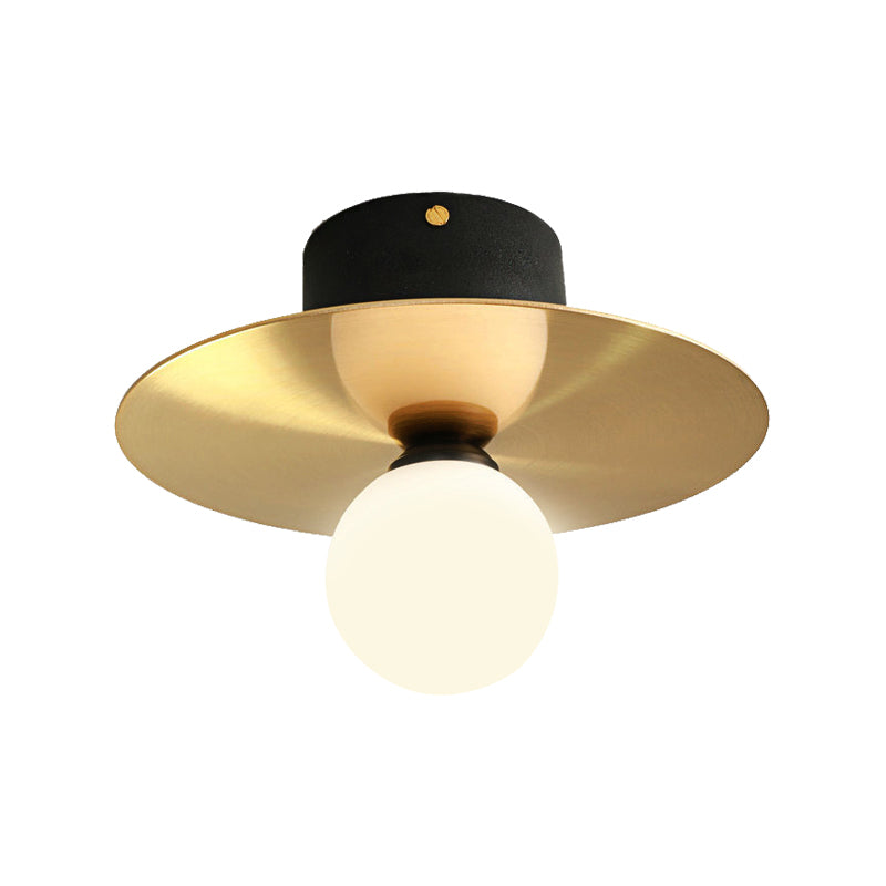 Modern Milk Glass Ceiling Light Fixture With Gold Disk - Contemporary 1 - Bulb Lighting For Living